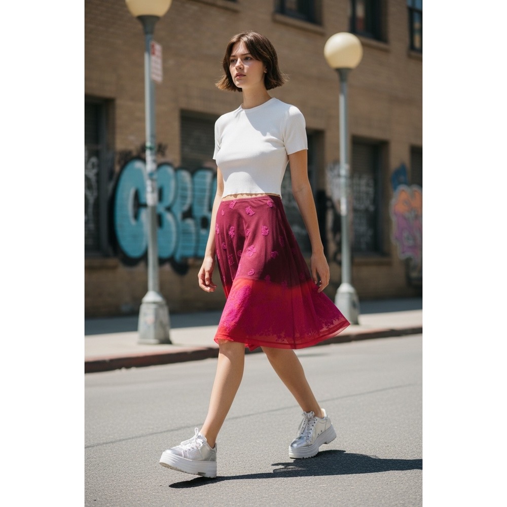 Y2K Express World Brand Burgundy Red Paisley Mesh Ombre Midi‎ Skirt Fairycore